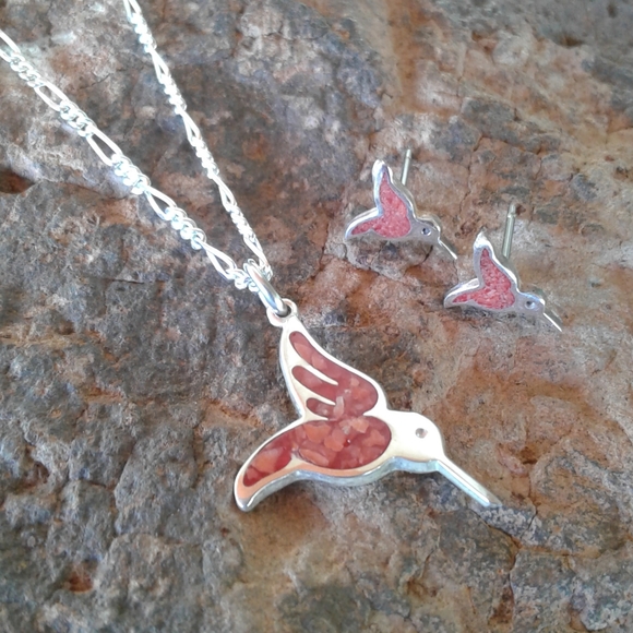 Sterling Silver Vintage Red Coral Hummingbird necklace SET - Picture 8 of 9